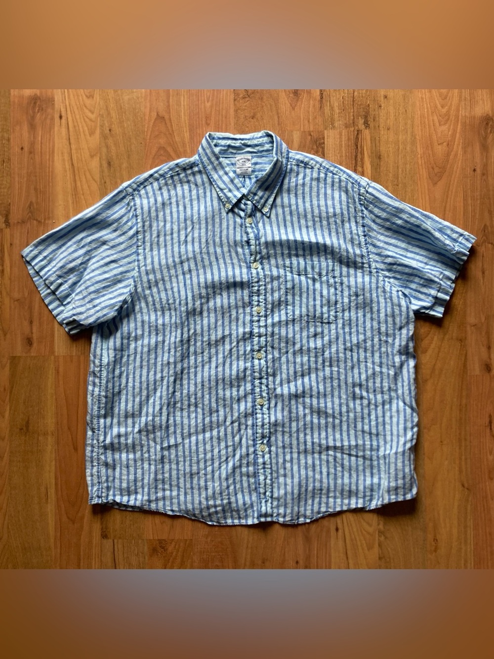 Brooks Brothers 1818 Regular 100% Linen Blue Striped Short Sleeve Mens XXL Shirt